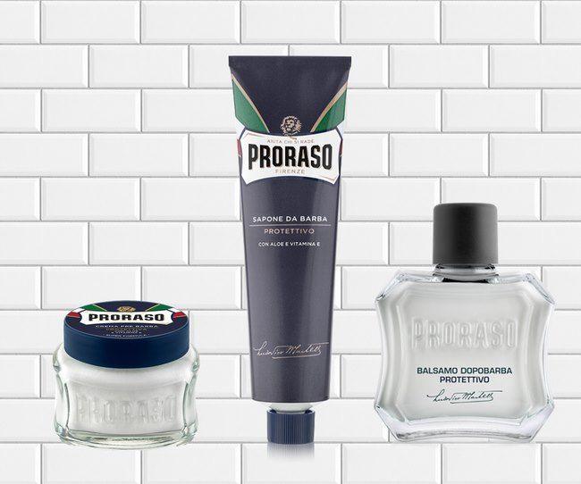 En burk Proraso rakkräm berikad med vitamin E och en tub Proraso aloe vera tvål.