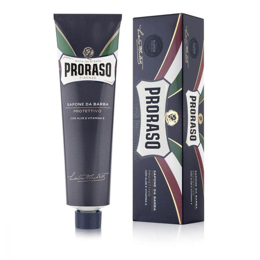 En tub Proraso Rakkräm - Aloe Vera & Vitamin E tandkräm med en ask Proraso aloe vera rakkräm bredvid.