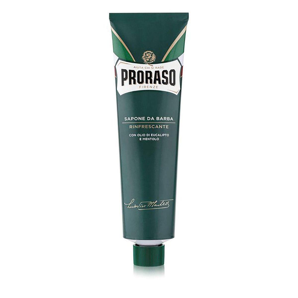 En tub Proraso Rakkräm - Uppfriskande med eukalyptus på vit bakgrund.