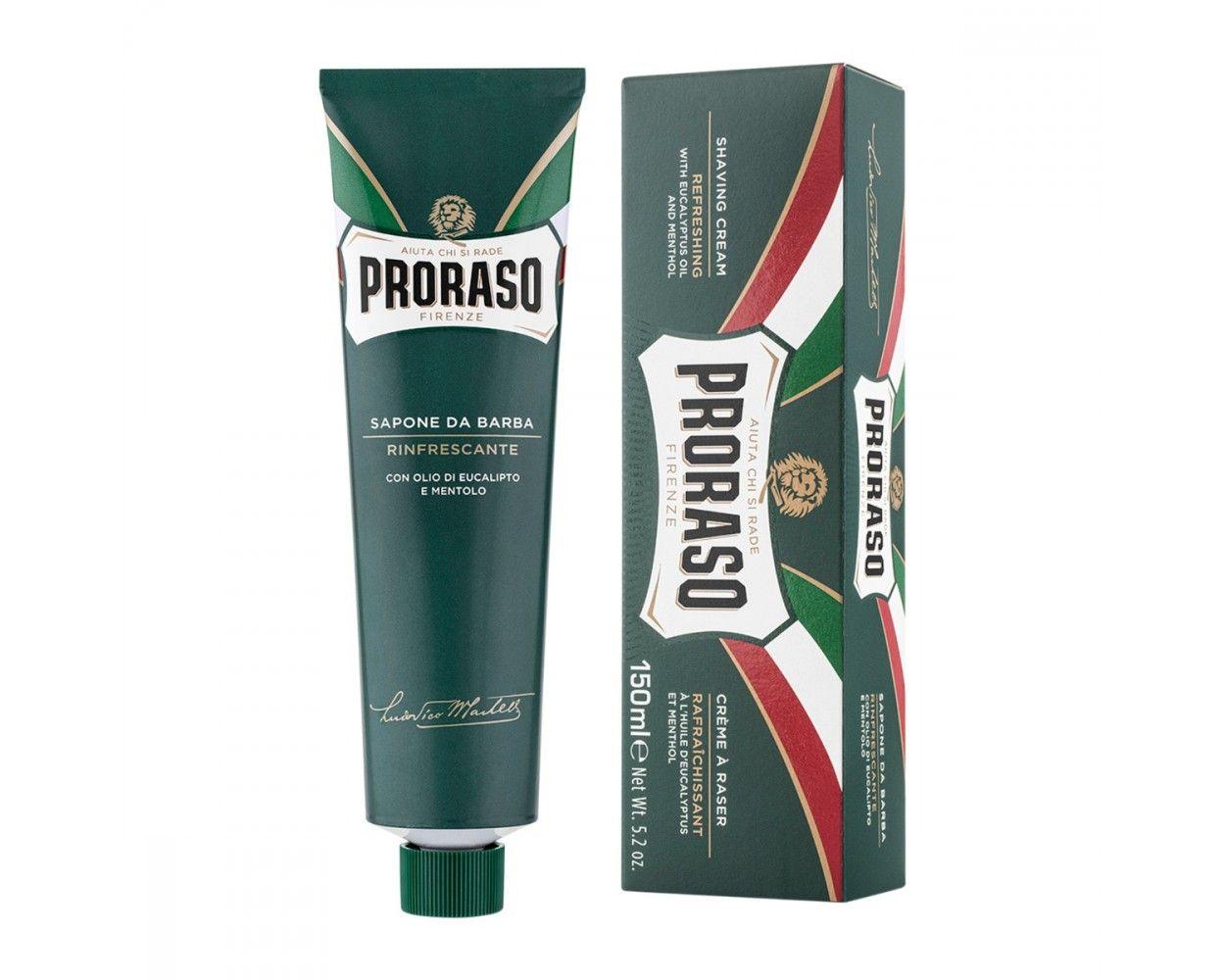 En tub Proraso tandkräm med en tub Rakkräm - Uppfriskande i tub (Grön) bredvid.