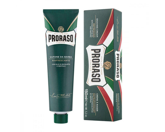 En tub Proraso tandkräm med en tub Rakkräm - Uppfriskande i tub (Grön) bredvid.