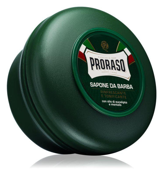 En burk Proraso Raktvål i skål - Eukalyptus och mentol på vit bakgrund.