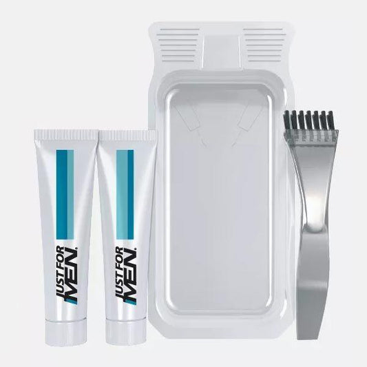 En vit behållare med en tub Just for Men Skäggfärg - Mörk brun och en sax för trimning.